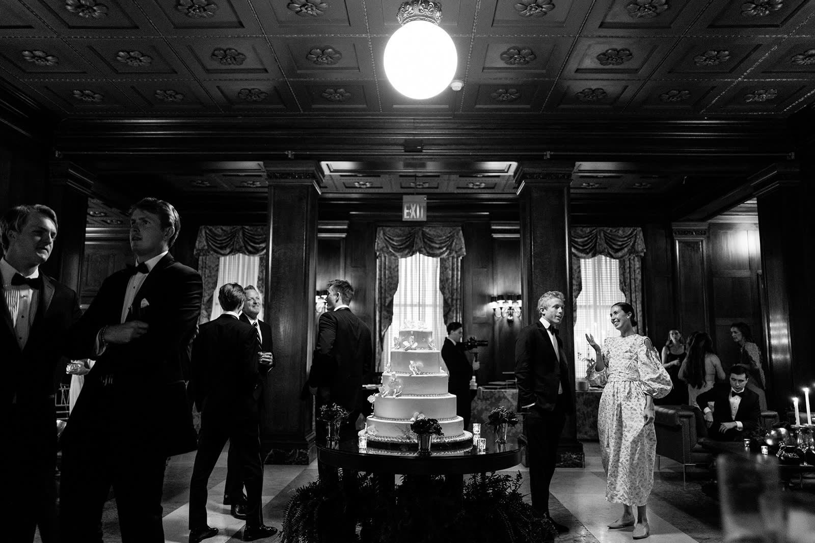 Wedding reception in a panelled ballroom